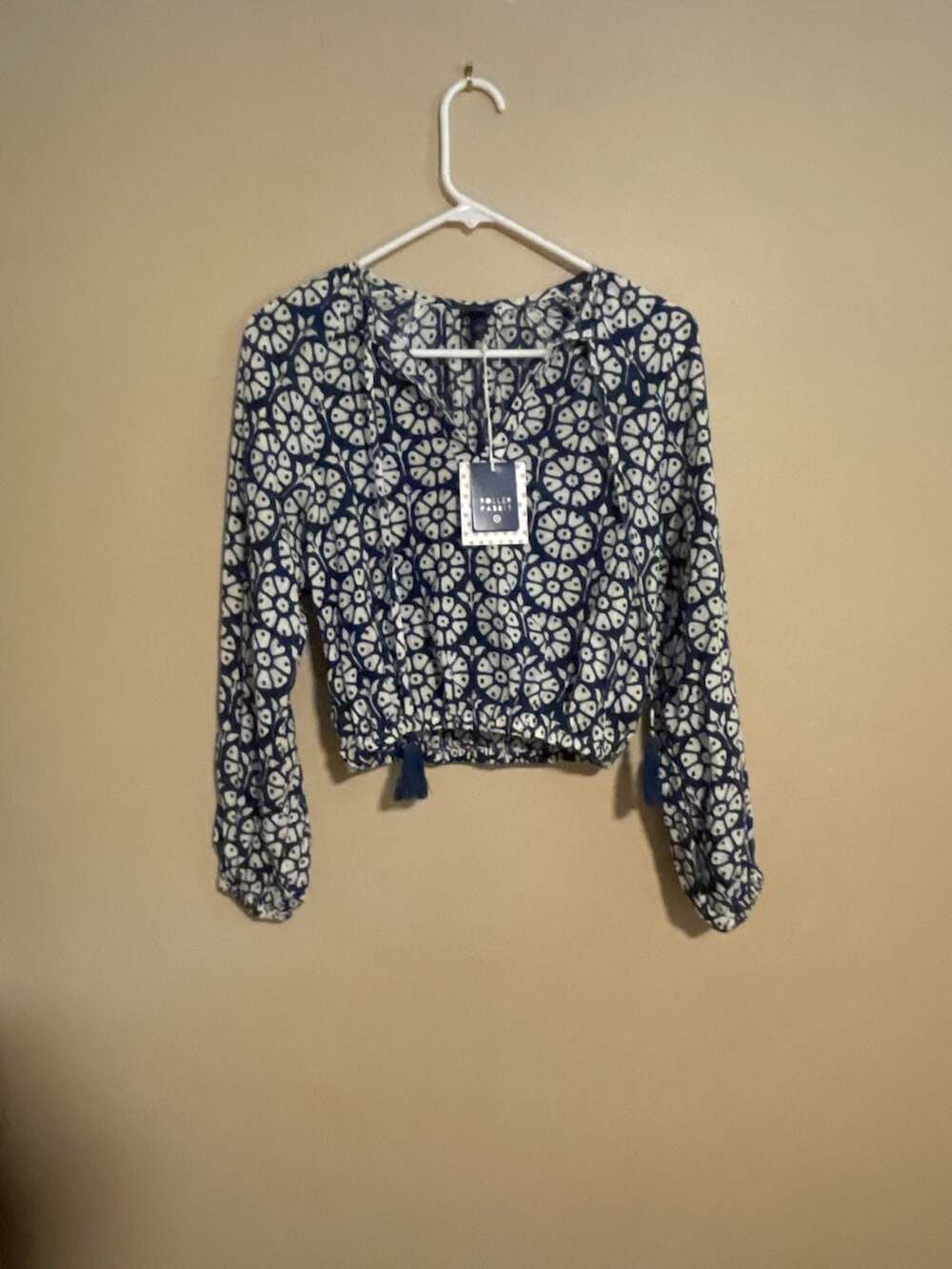 Roller Rabbit target Floral Blouse Size XXS Blue White Long Sleeve